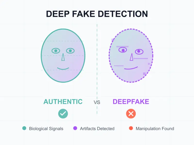Diagram showing the gap between detection confidence and structural reliability in deepfake analysis