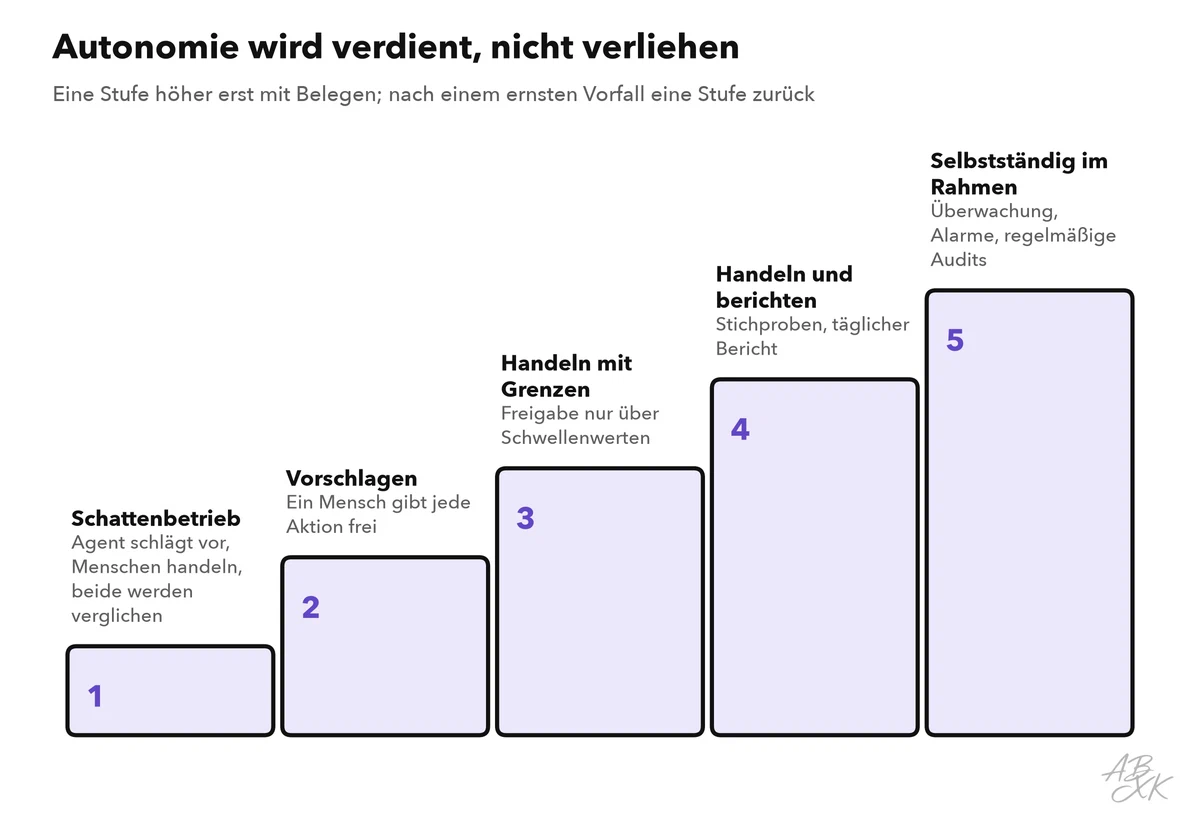 Fünf ansteigende Stufen: Schattenbetrieb, Vorschlagen, Handeln mit Grenzen, Handeln und berichten, selbstständig im Rahmen