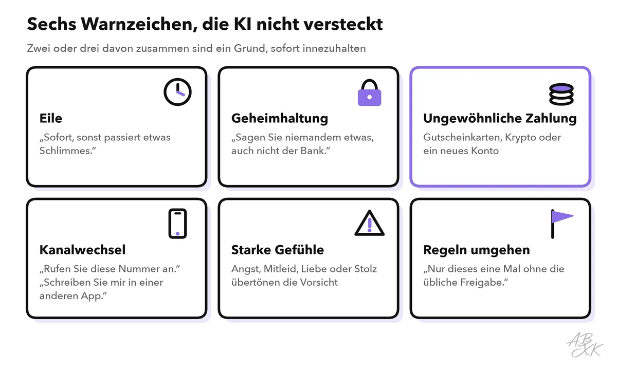 Sechs Warnzeichen: Eile, Geheimhaltung, ungewöhnliche Zahlung, Kanalwechsel, starke Gefühle und Umgehen der üblichen Regeln