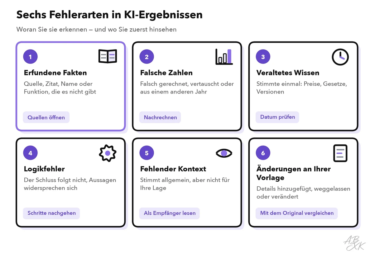 Raster mit sechs Fehlerarten: erfundene Fakten, falsche Zahlen, veraltetes Wissen, Logikfehler, fehlender Kontext und Änderungen an Ihrer Vorlage, jeweils mit einem Hinweis, wo Sie zuerst prüfen