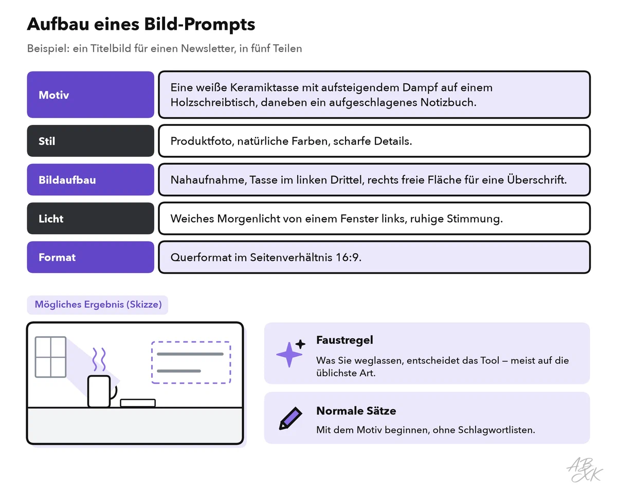 Ein Prompt für ein Newsletter-Titelbild, zerlegt in fünf beschriftete Teile: Motiv, Stil, Bildaufbau, Licht und Format