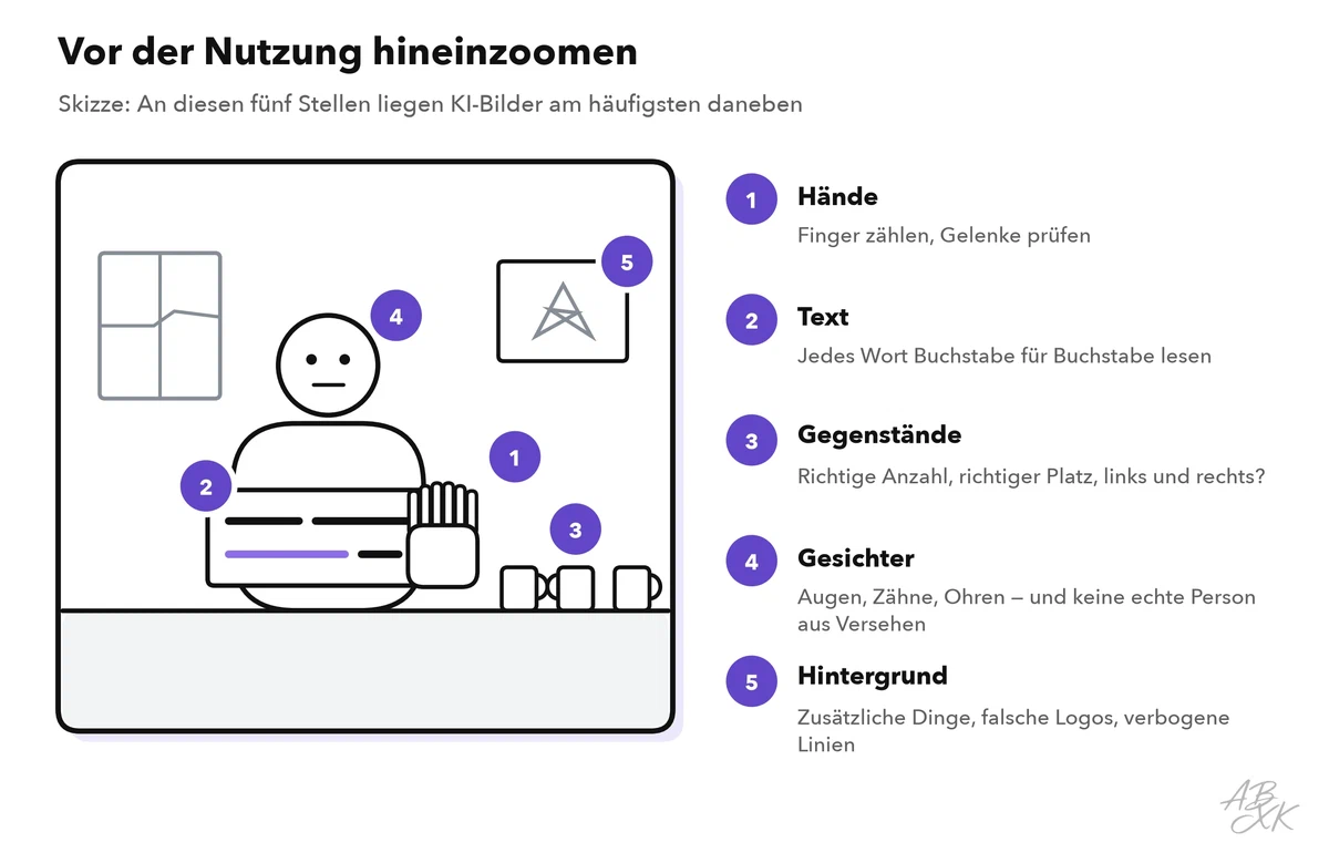 Skizze eines erzeugten Bildes mit fünf nummerierten Stellen: Hände, Text, Gegenstände, Gesichter und Hintergrund, jeweils mit dem, was zu prüfen ist