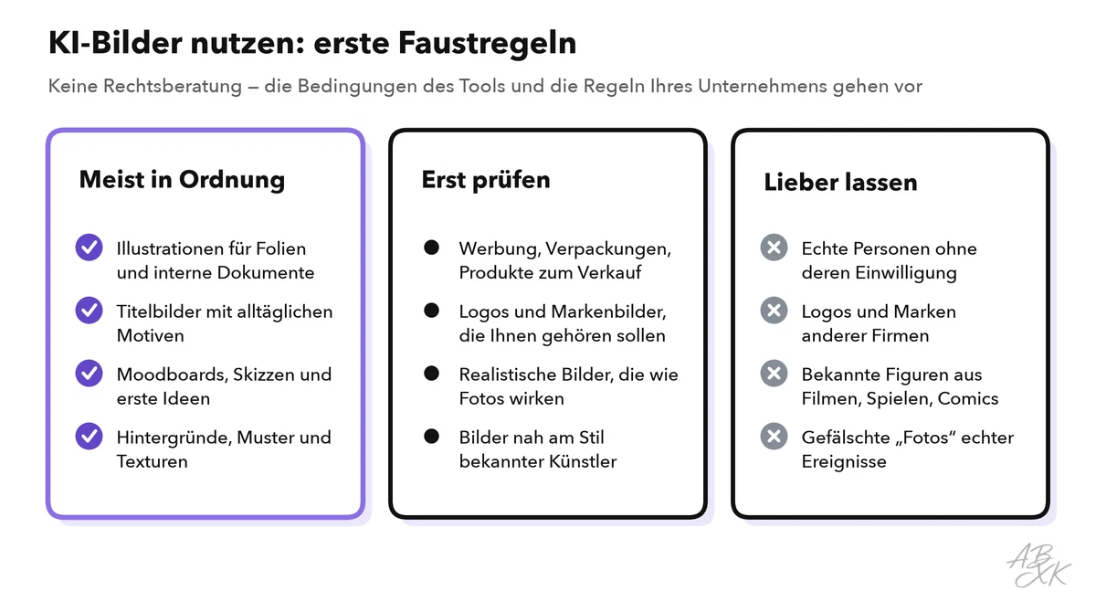Drei Spalten: Einsätze, die meist unproblematisch sind, Einsätze, die Sie erst prüfen sollten, und Einsätze, die Sie lassen sollten