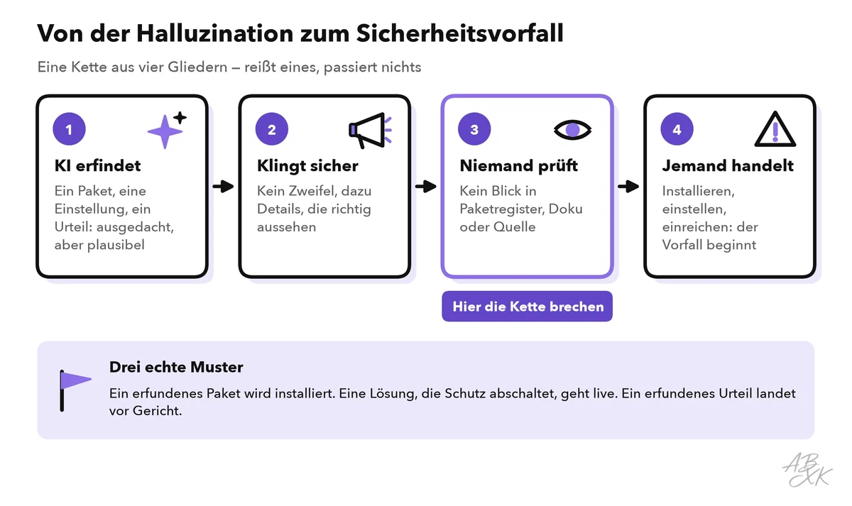 Eine Kette aus vier Schritten: Die KI erfindet etwas Plausibles, es klingt sicher, niemand prüft Register, Doku oder Quelle, jemand handelt und der Vorfall beginnt; der dritte Schritt ist als Stelle markiert, an der die Kette reißen sollte