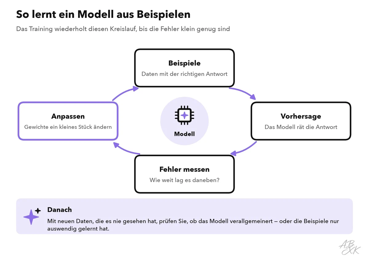 Ein Kreislauf aus vier Schritten um ein Modell: Beispiele mit der richtigen Antwort, Vorhersage, Fehler messen und Gewichte anpassen; darunter der Hinweis, das Modell danach mit neuen Daten zu prüfen