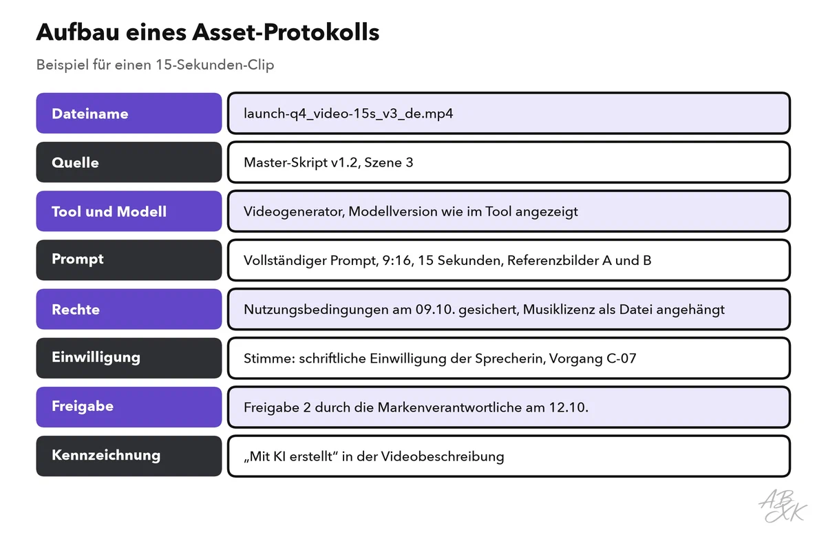 Aufbau eines Asset-Protokolls: Dateiname, Quelle, Tool und Modell, Prompt und Einstellungen, Rechte, Einwilligung, Freigabe und Kennzeichnung