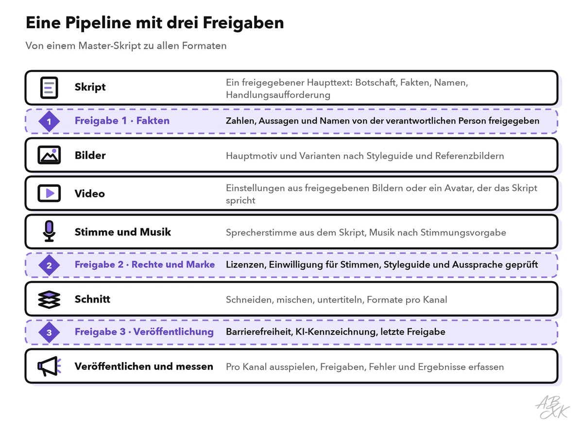 Eine Content-Pipeline von oben nach unten: Skript, Bilder, Video, Stimme und Musik, Schnitt, Veröffentlichung — mit drei Freigabestufen dazwischen