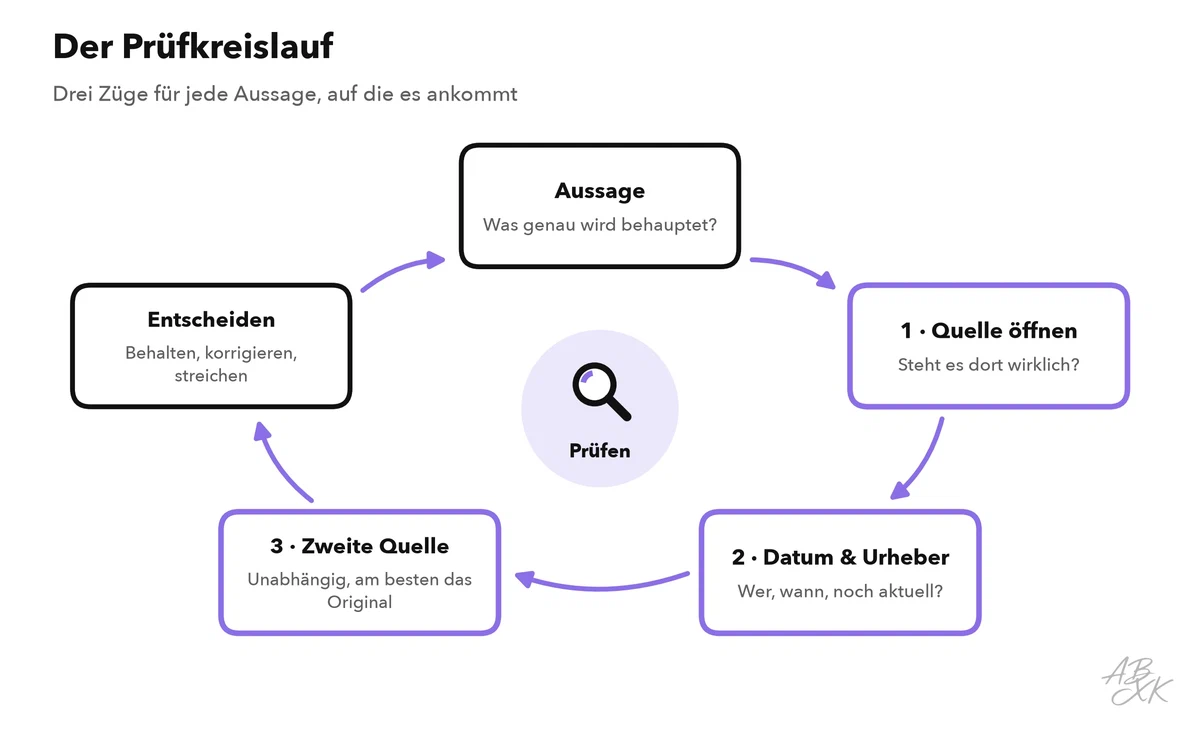 Ein Kreislauf mit fünf Schritten: Aussage, Quelle öffnen, Datum und Urheber prüfen, zweite Quelle vergleichen, entscheiden