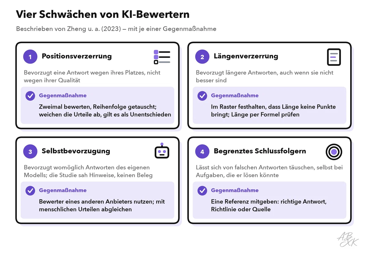 Vier Schwächen von KI-Bewertern als Karten, jede mit einer Gegenmaßnahme: Positionsverzerrung, Längenverzerrung, Selbstbevorzugung und begrenztes Schlussfolgern