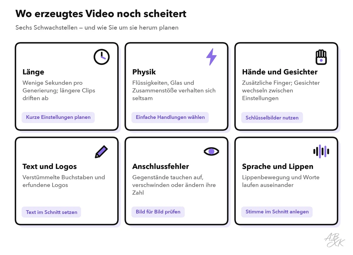 Sechs typische Schwachstellen von erzeugtem Video: Länge, Physik, Hände und Gesichter, Text und Logos, Anschlussfehler, Sprache und Lippen — jeweils mit einem Ausweg