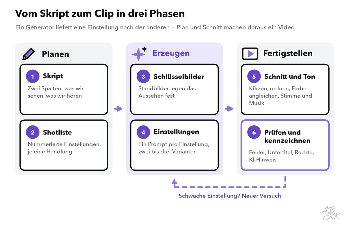 Drei Phasen vom Skript zum Clip: planen mit Skript und Shotliste, Schlüsselbilder und Einstellungen erzeugen, fertigstellen mit Schnitt, Ton, Prüfung und Kennzeichnung; schwache Einstellungen gehen zurück in die Erzeugung