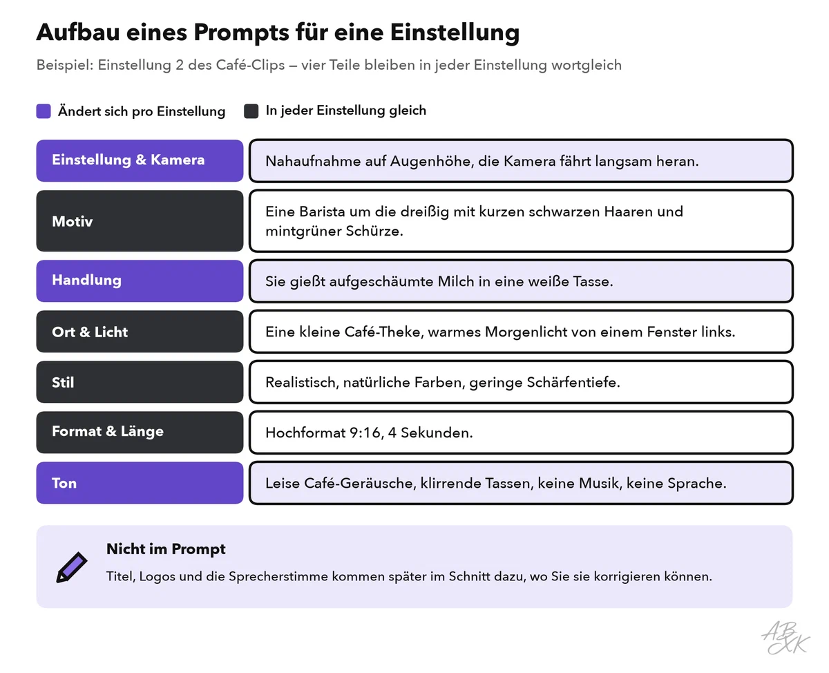 Ein Prompt für Einstellung 2 des Café-Clips, zerlegt in sieben beschriftete Teile: Einstellung und Kamera, Motiv, Handlung, Ort und Licht, Stil, Format und Länge, Ton; vier Teile bleiben in jeder Einstellung gleich