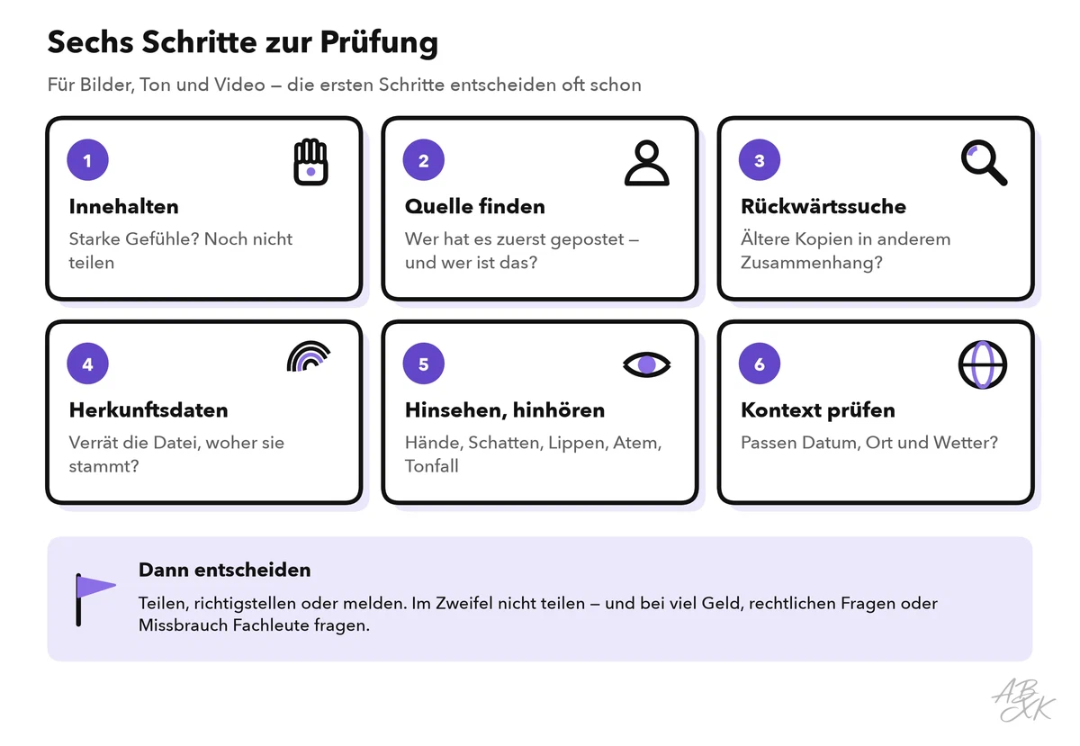 Sechs nummerierte Karten: innehalten, Quelle finden, Rückwärtssuche, Herkunftsdaten, hinsehen und hinhören, Kontext prüfen; darunter der Hinweis, zu teilen, richtigzustellen oder zu melden und in ernsten Fällen Fachleute zu fragen