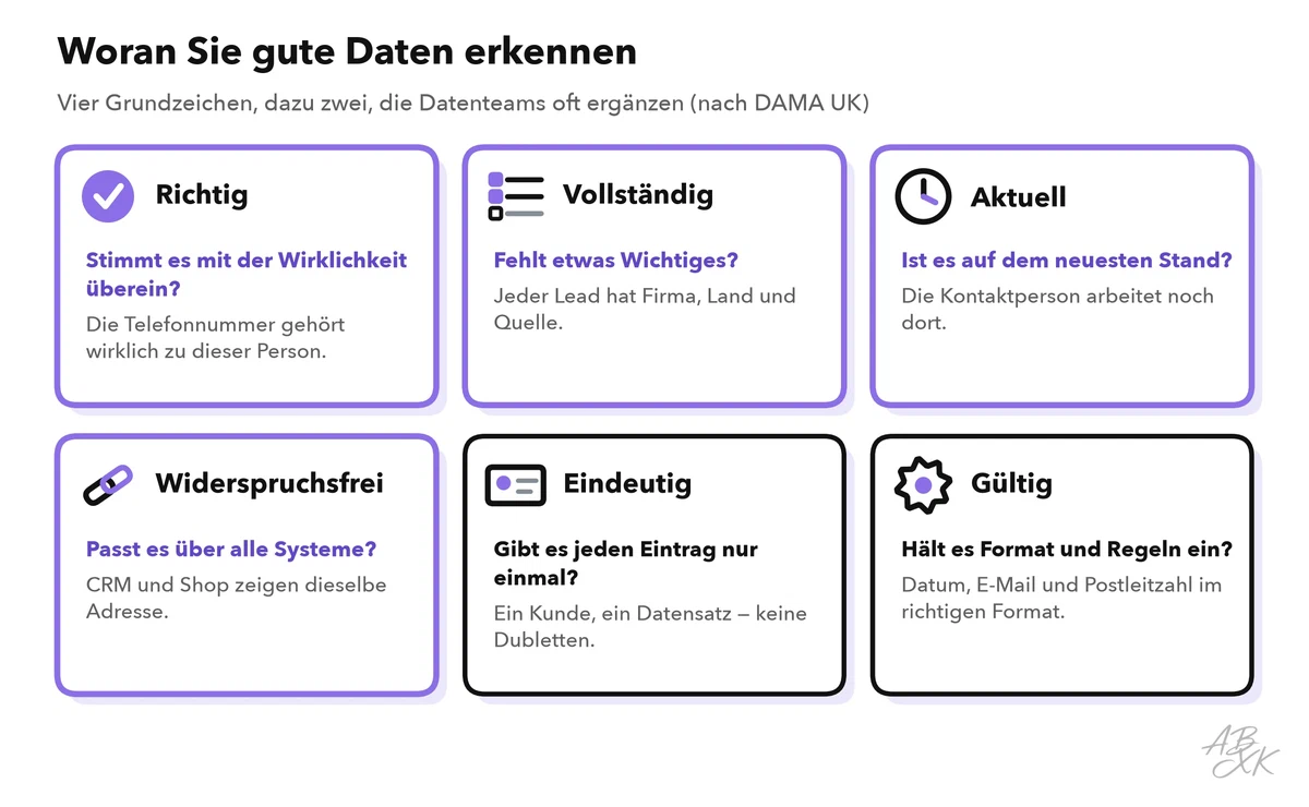 Sechs Karten: richtig, vollständig, aktuell und widerspruchsfrei als vier Grundzeichen, dazu eindeutig und gültig, jeweils mit Prüffrage und Beispiel