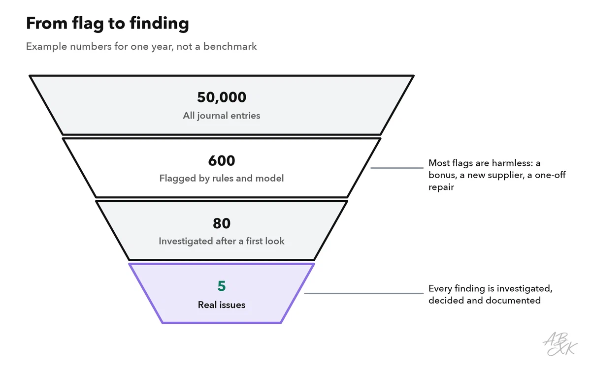 Funnel with example numbers: from all journal entries, a small share is flagged by rules and a model, fewer are investigated after a first look, and only a handful turn out to be real issues