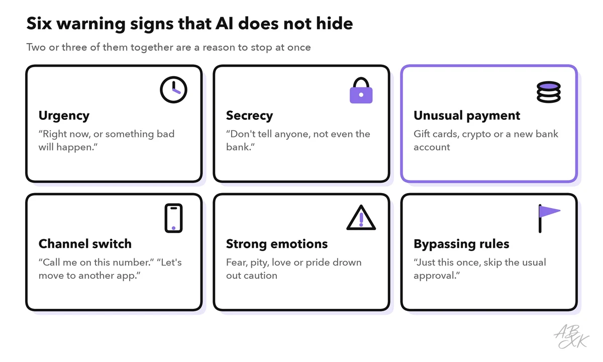 Six warning signs: urgency, secrecy, unusual payment, channel switch, strong emotions and bypassing the usual rules