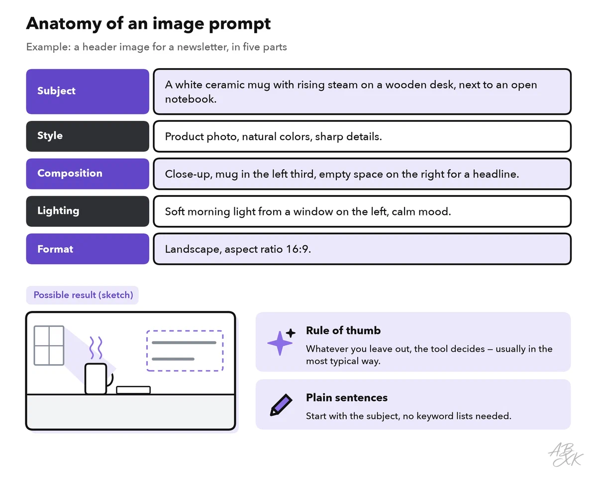 A prompt for a newsletter header image, split into five labeled parts: subject, style, composition, lighting and format