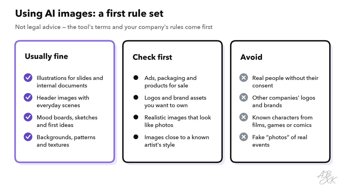 Three columns: uses that are usually fine, uses to check first and uses to avoid
