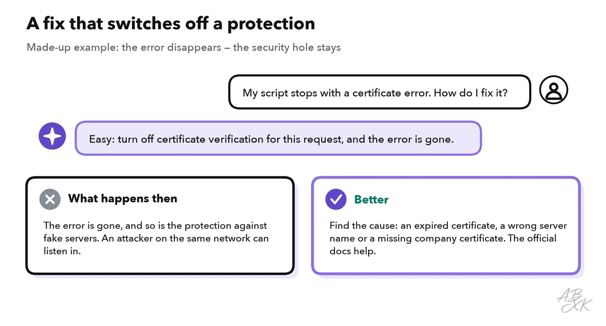 Made-up chat: a user reports a certificate error, the AI suggests turning off certificate verification; below, what happens then and the better way of finding the cause