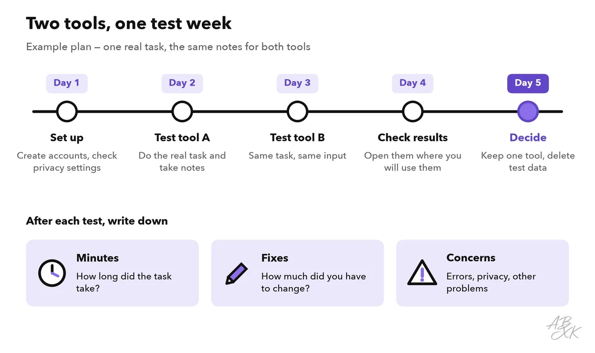 Timeline of a one-week test: day 1 set up and check privacy settings, day 2 test tool A, day 3 test tool B, day 4 check the results where you will use them, day 5 decide and delete test data; below, three things to note after each test