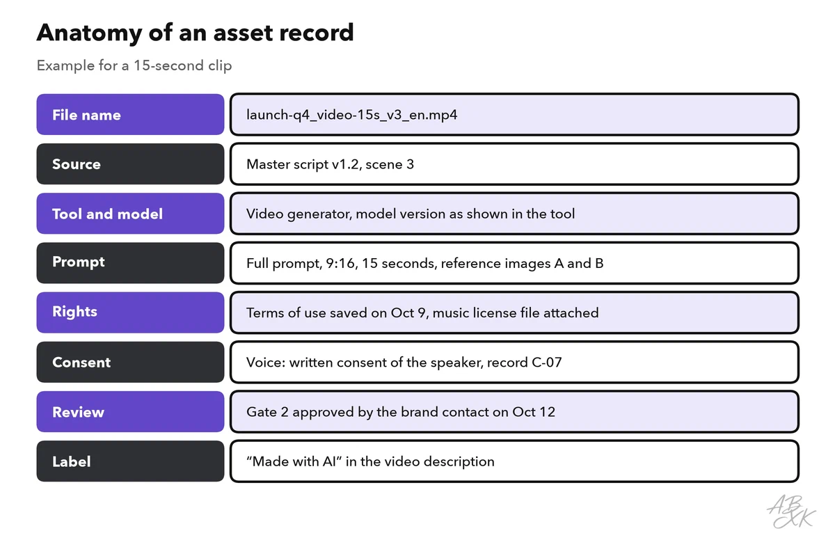 Anatomy of an asset record: file name, source, tool and model, prompt and settings, rights, consent, review and label