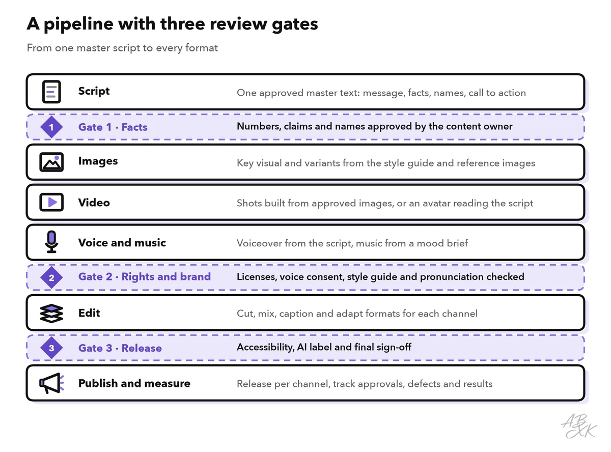 A content pipeline from top to bottom: script, images, video, voice and music, edit, publish — with three review gates in between