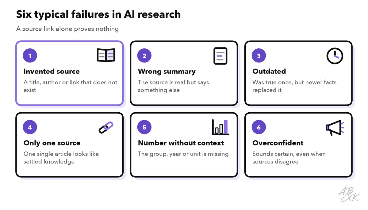 Six typical failure modes of AI research, from invented sources to overconfident answers