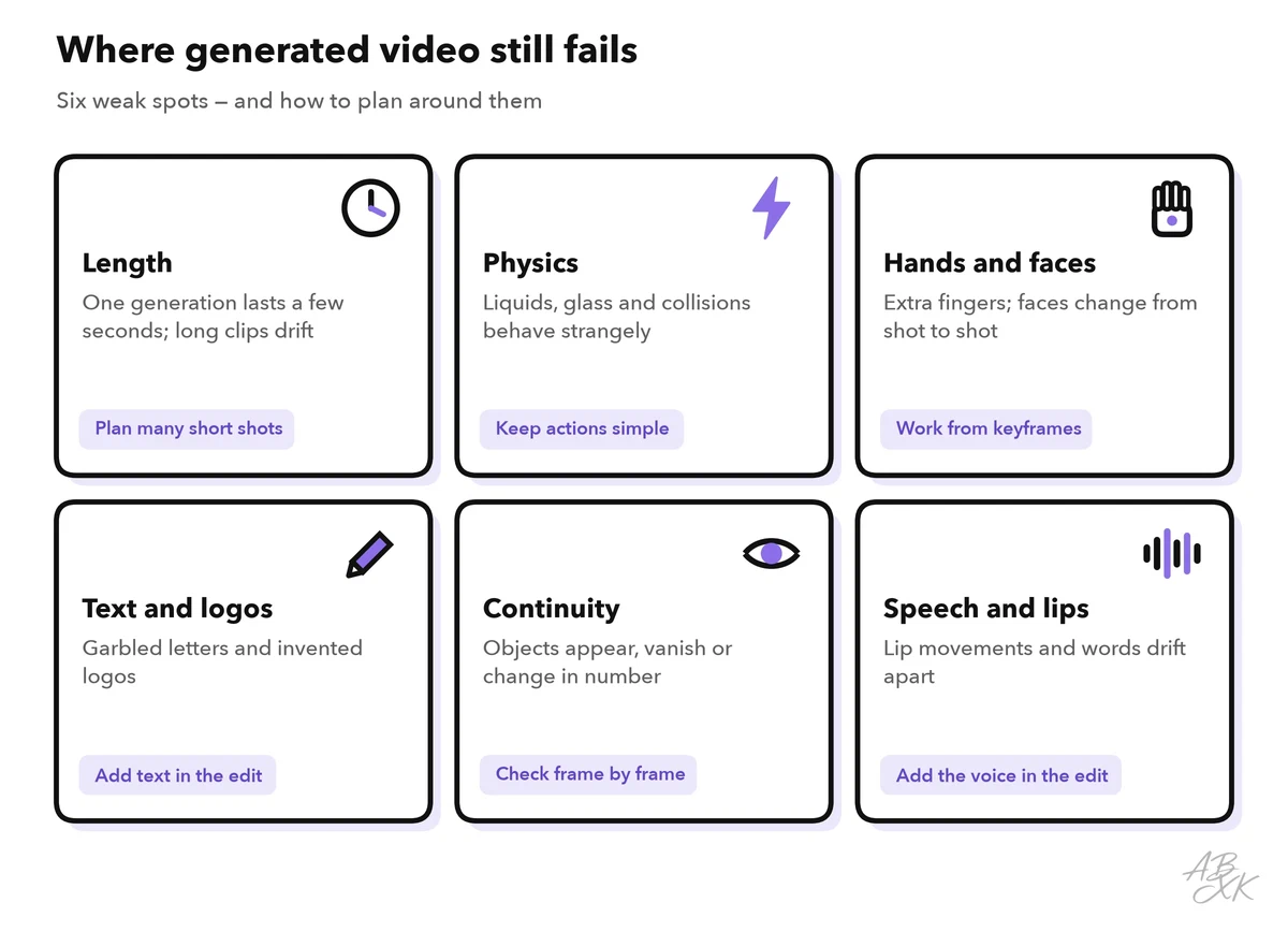 Six typical weak spots of generated video: length, physics, hands and faces, text and logos, continuity, speech and lips — each with a way around it
