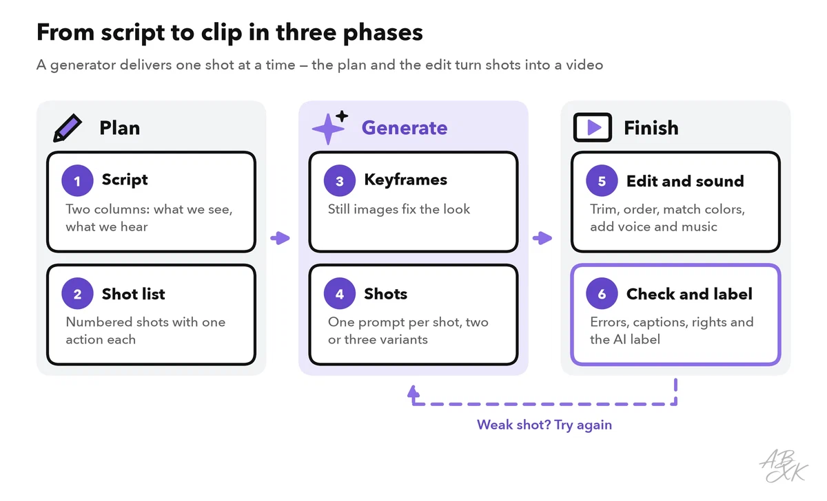 Three phases from script to clip: plan with script and shot list, generate keyframes and shots, finish with edit, sound, checks and label; weak shots go back to generation