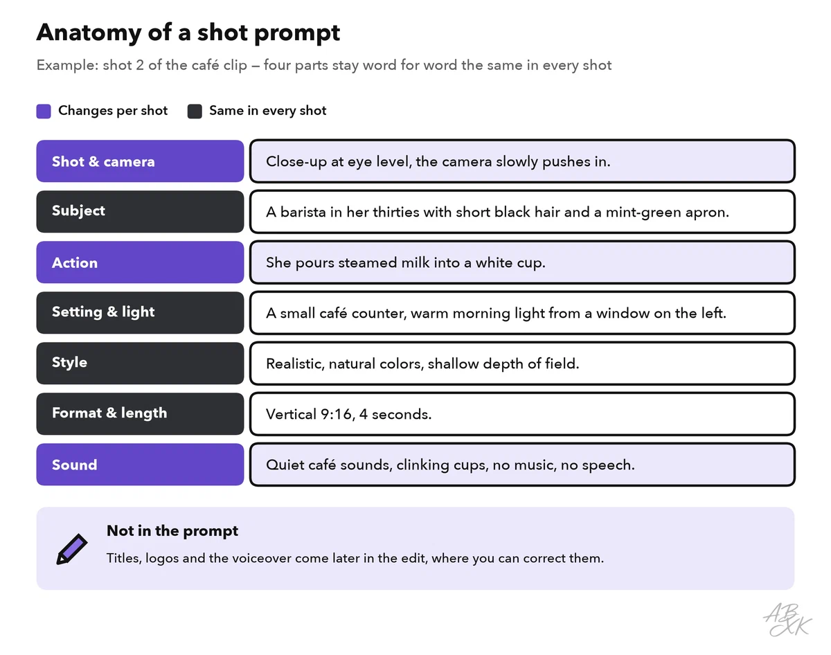 A prompt for shot 2 of the café clip, split into seven labeled parts: shot and camera, subject, action, setting and light, style, format and length, sound; four parts stay the same in every shot