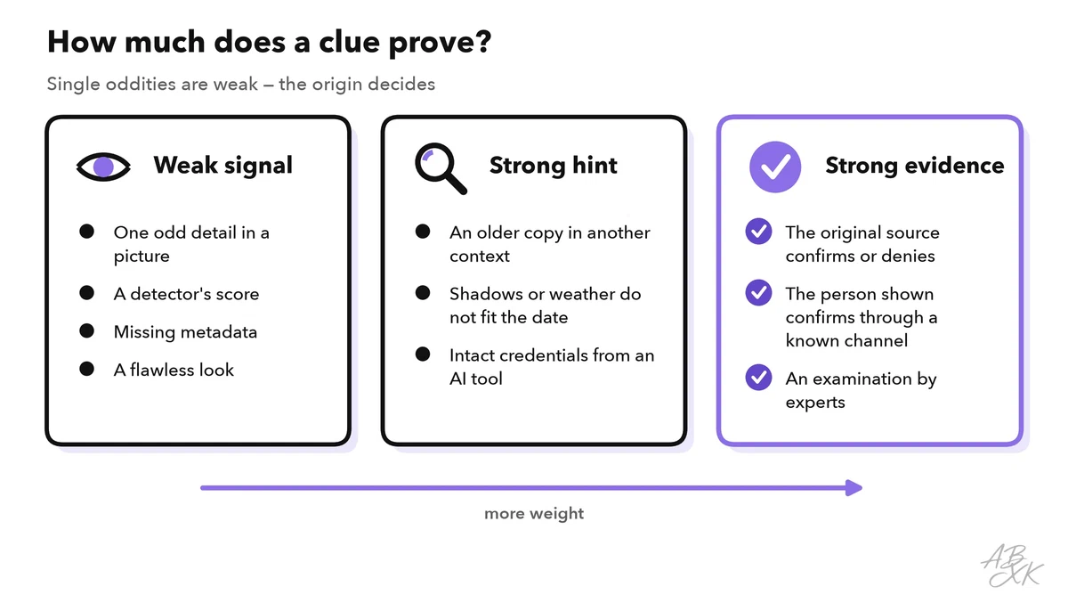 Three columns from weak to strong: weak signals such as one odd detail, a detector score or missing metadata; strong hints such as an older copy or shadows that do not fit; strong evidence such as confirmation by the original source, the person shown or experts