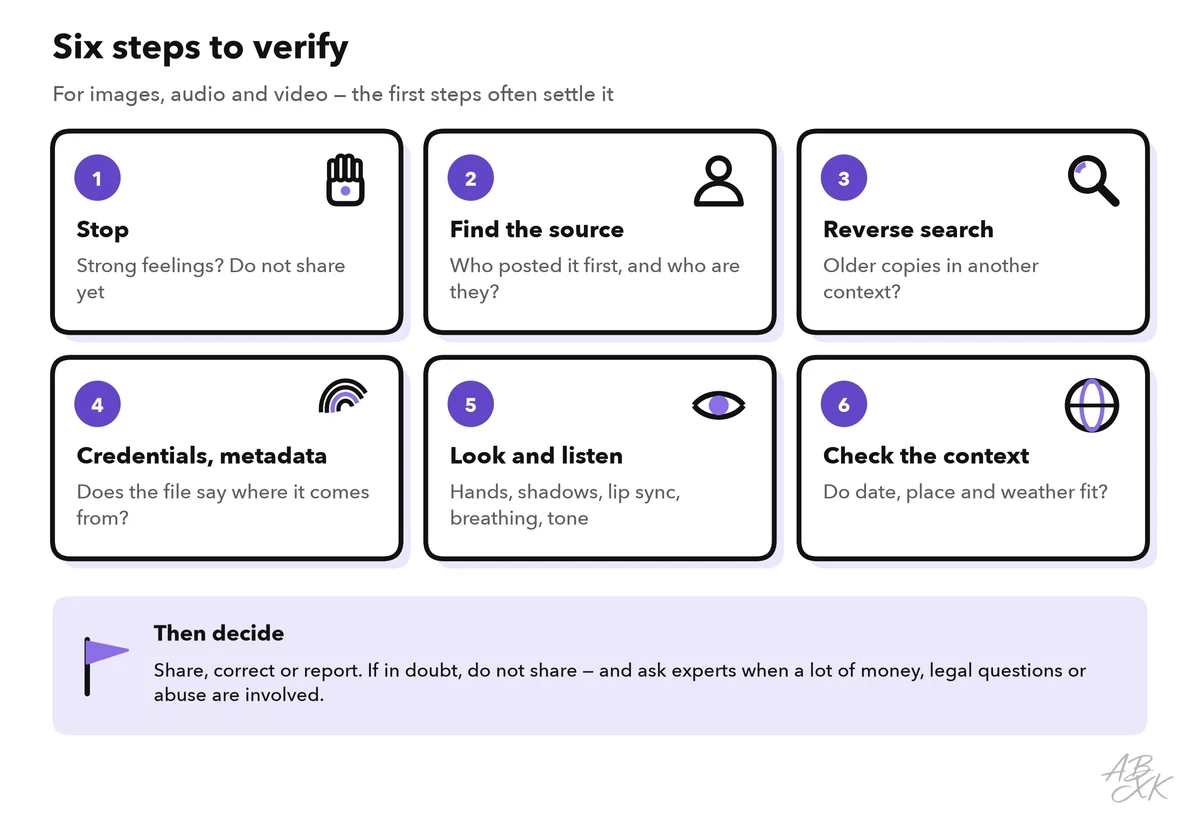 Six numbered cards: stop, find the source, reverse search, credentials and metadata, look and listen, check the context; below them a note to share, correct or report and to ask experts in serious cases