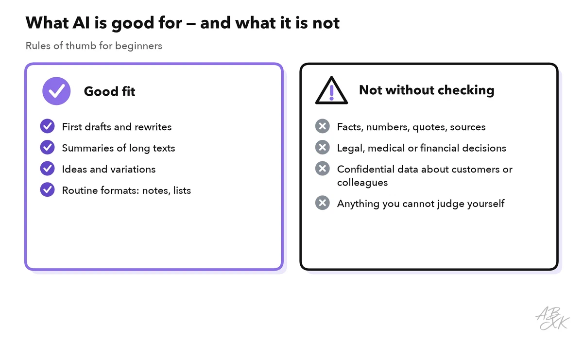 Two columns: tasks that are a good fit for AI and tasks that need careful checking