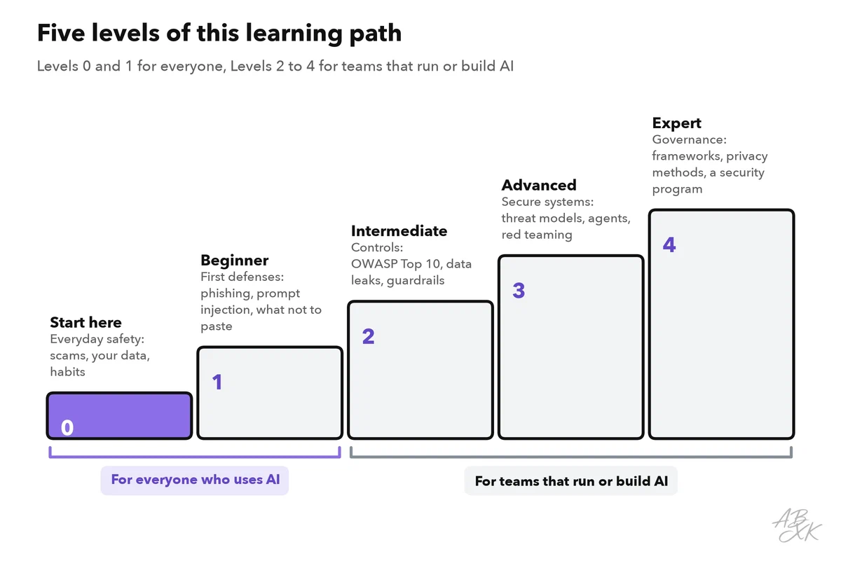 Five steps from Level 0 to Level 4 (Start here, Beginner, Intermediate, Advanced, Expert), each with its focus and topics, from everyday safety to governance